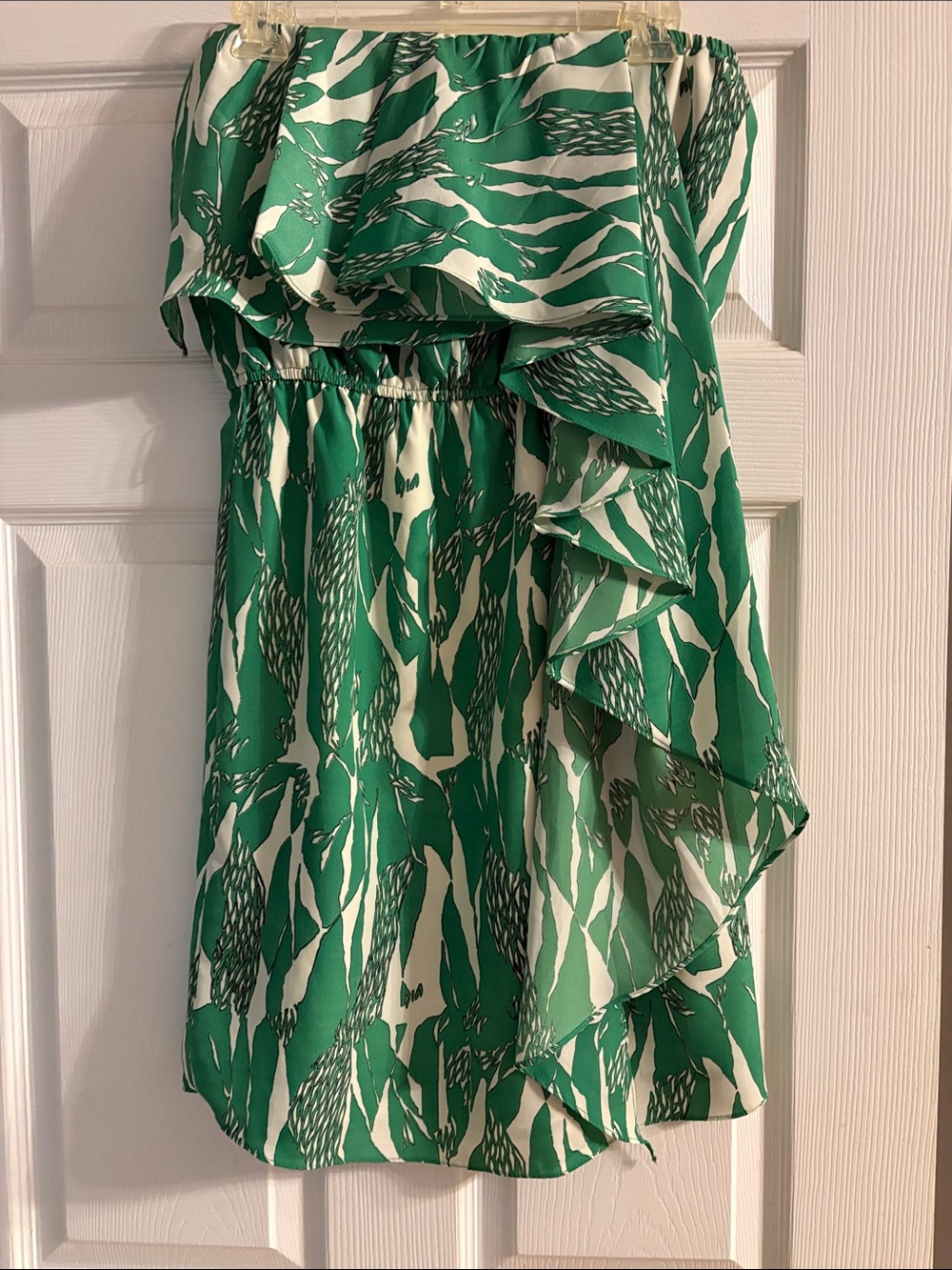 MM Couture Strapless Green and White Ruffle Dress